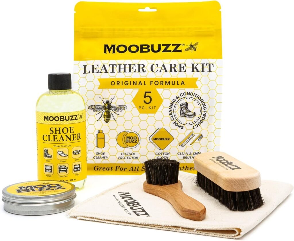 MooBuzz by Angelus All-Natural Leather Care Kit - 5pcs | Pure Neatsfoot Oil and Beeswax Conditioner Repair Balm, Protector, Cleaner,  Brush - Made in USA