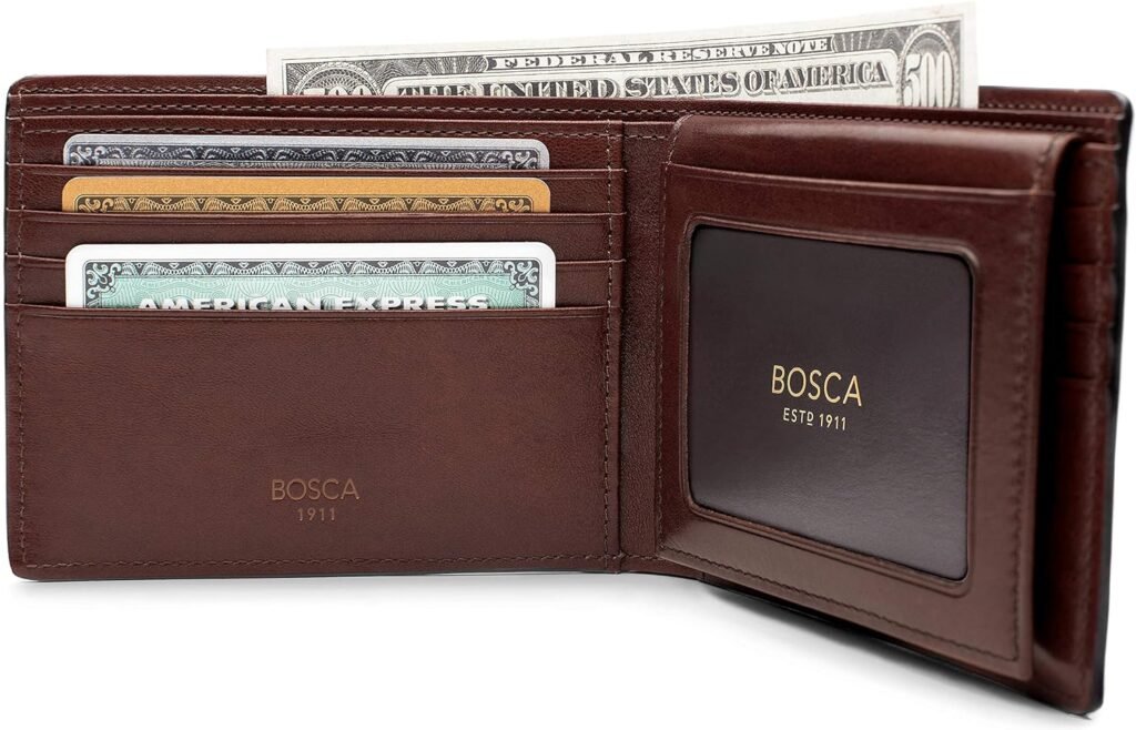 Bosca Mens Wallet, Dolce Leather Credit Wallet with I.D. Passcase, Dark Brown