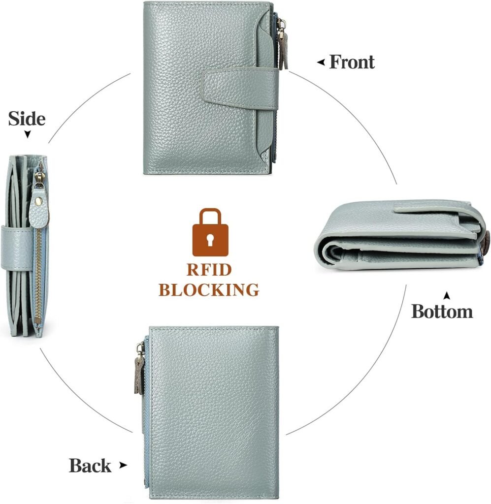 GOIACII Small Women Wallet Genuine Leather RFID Blocking Bifold Zipper Pocket Card Holder with ID Window