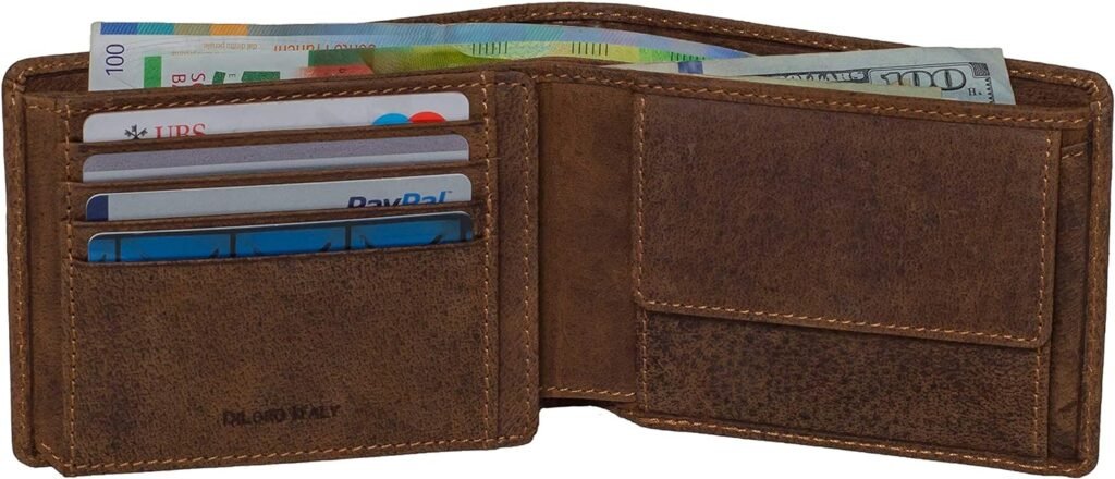 Italy Mens Leather Wallet Bifold Flip ID Coin Section RFID Protection