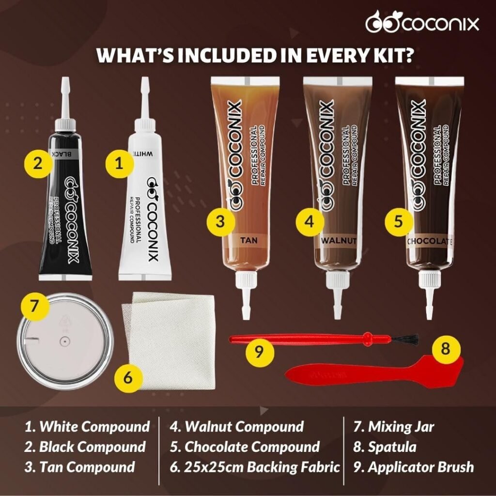COCONIX Brown Leather and Vinyl Repair Kit - Restorer of Your Couch, Sofa, Car Seat and Your Jacket - Super Easy Instructions - Restore Any Material, Genuine, Italian, Bonded, Bycast, PU