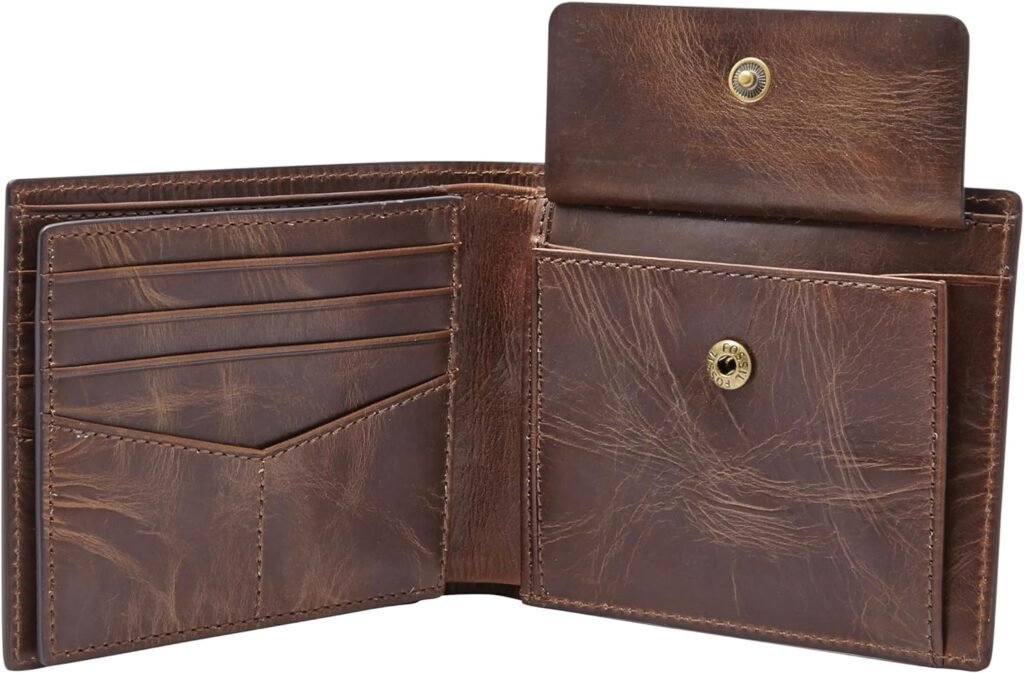 Fossil Mens Derrick Leather RFID-Blocking Large Bifold with Coin Pocket Wallet for Men