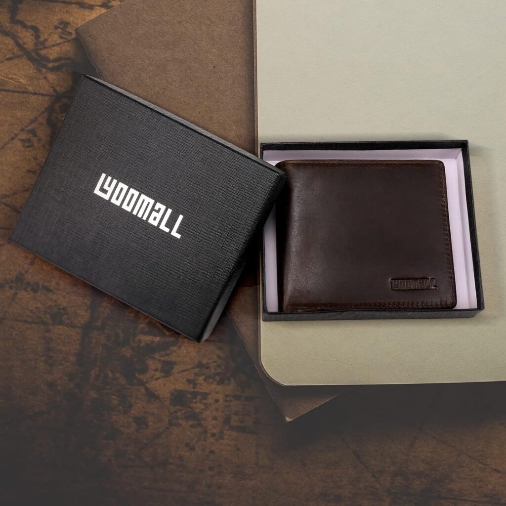 LYOOMALL Wallet for Men, Large Capacity Genuine Leather RFID Blocking Bifold Wallet/Credit Card Holder for Men, with Coin Pocket, Zipper Cash Pocket, ID Window and 10 Card Slots