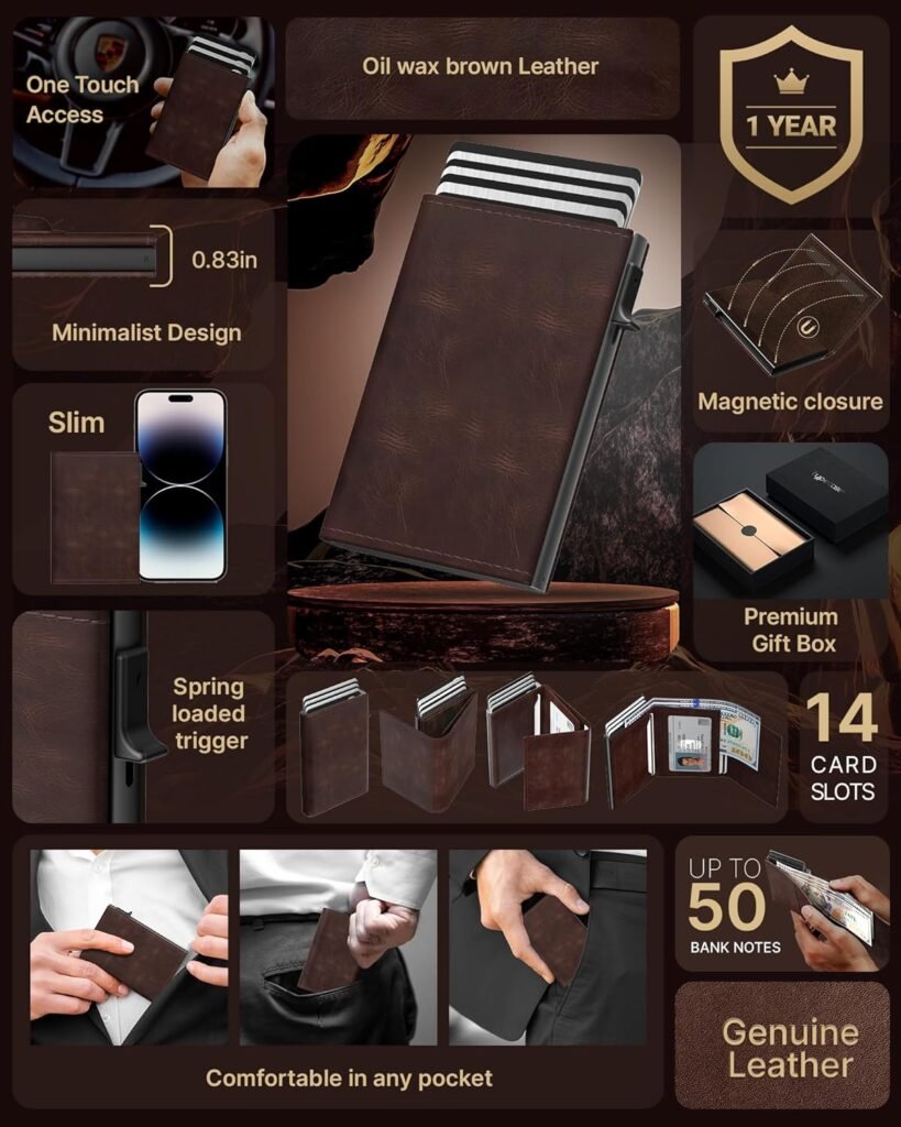 typecase Mens Wallet Card Holder: Pop Up Aluminum Case, Premium Genuine Leather, Smart, RFID Blocking, Slim, Minimalist, Front Pocket - 9-14 Card Capacity | ID Window | Cash Slot (Black)