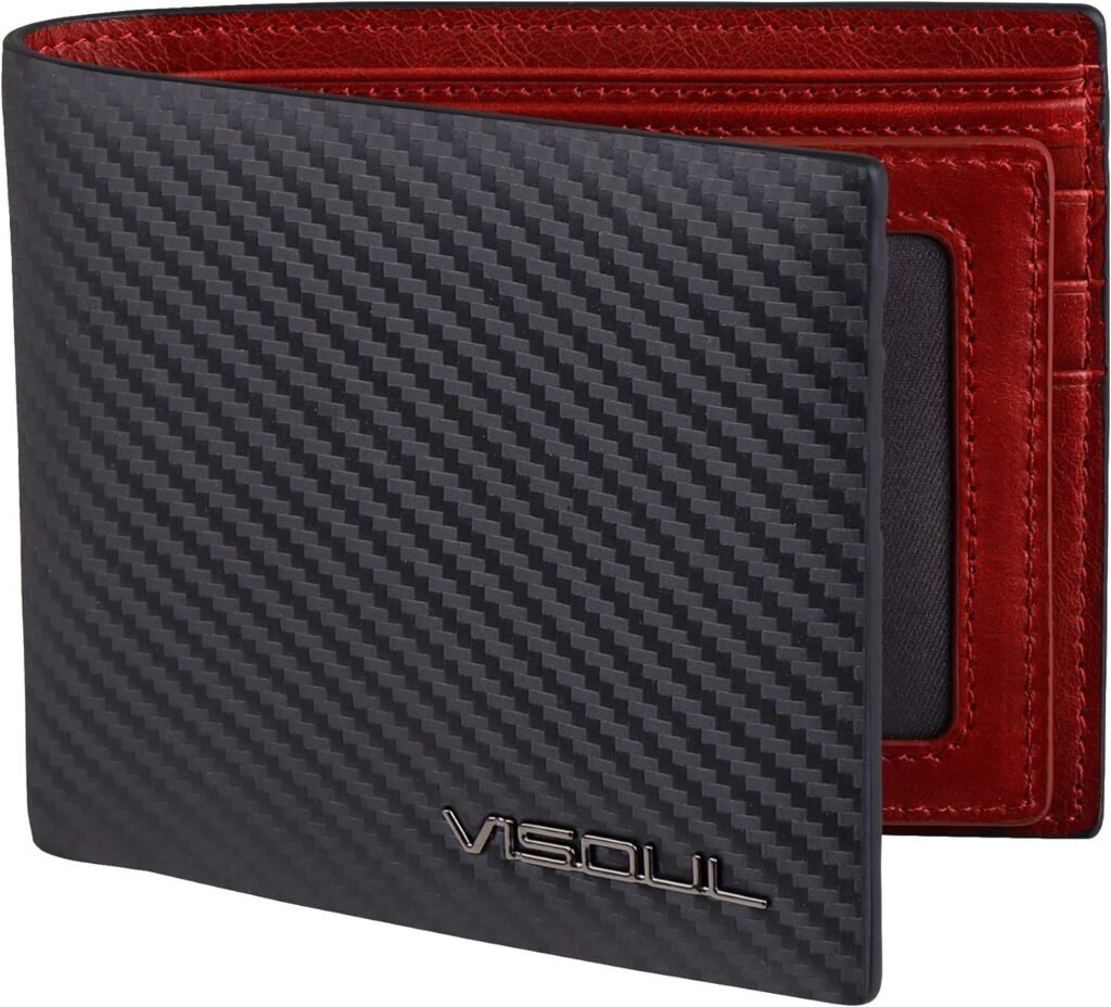 VISOUL Mens Leather RFID Blocking Wallet Extra Capacity, Bifold Security Wallet for men with 2 ID Windows 8 Card Slots 2 Cash Compartments (Black+Burgundy)