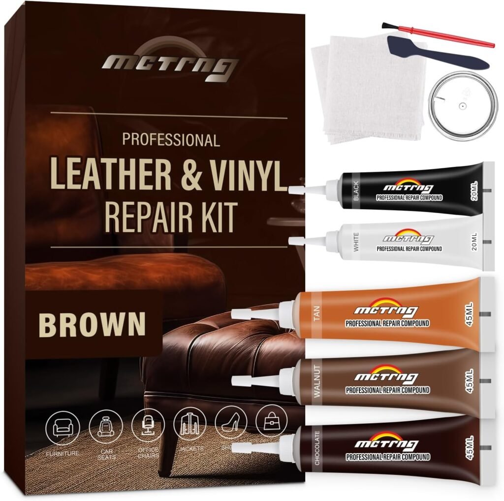 Brown Leather Couch Repair Kit for Furniture, Vinyl and Leather Repair Kit for Sofa, Jacket, Car Seats and Purse, Restores Faux, Artificial, Genuine Pleather  Any Material, for Scratch, Tears, Holes