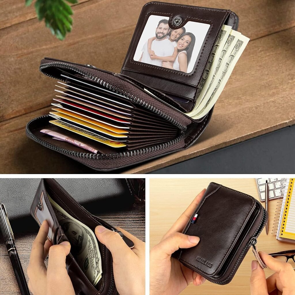 HUANLANG Mens Wallet RFID Blocking Multi Card Holder Wallets for Men Bifold Wallet with Zipper Small Mens Leather Wallet