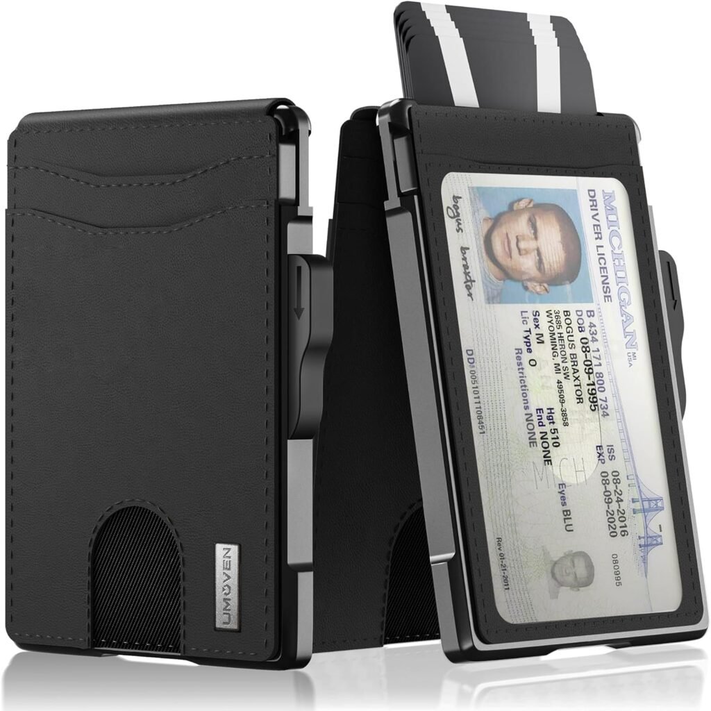 umoven Wallet for Men - Slim Leather RFID Blocking Bifold Minimalist Wallet with Metal Pop-Up Card Holder, Money Clip, Credit Card Slots - Mens Wallet with Gift Box, Dark Black